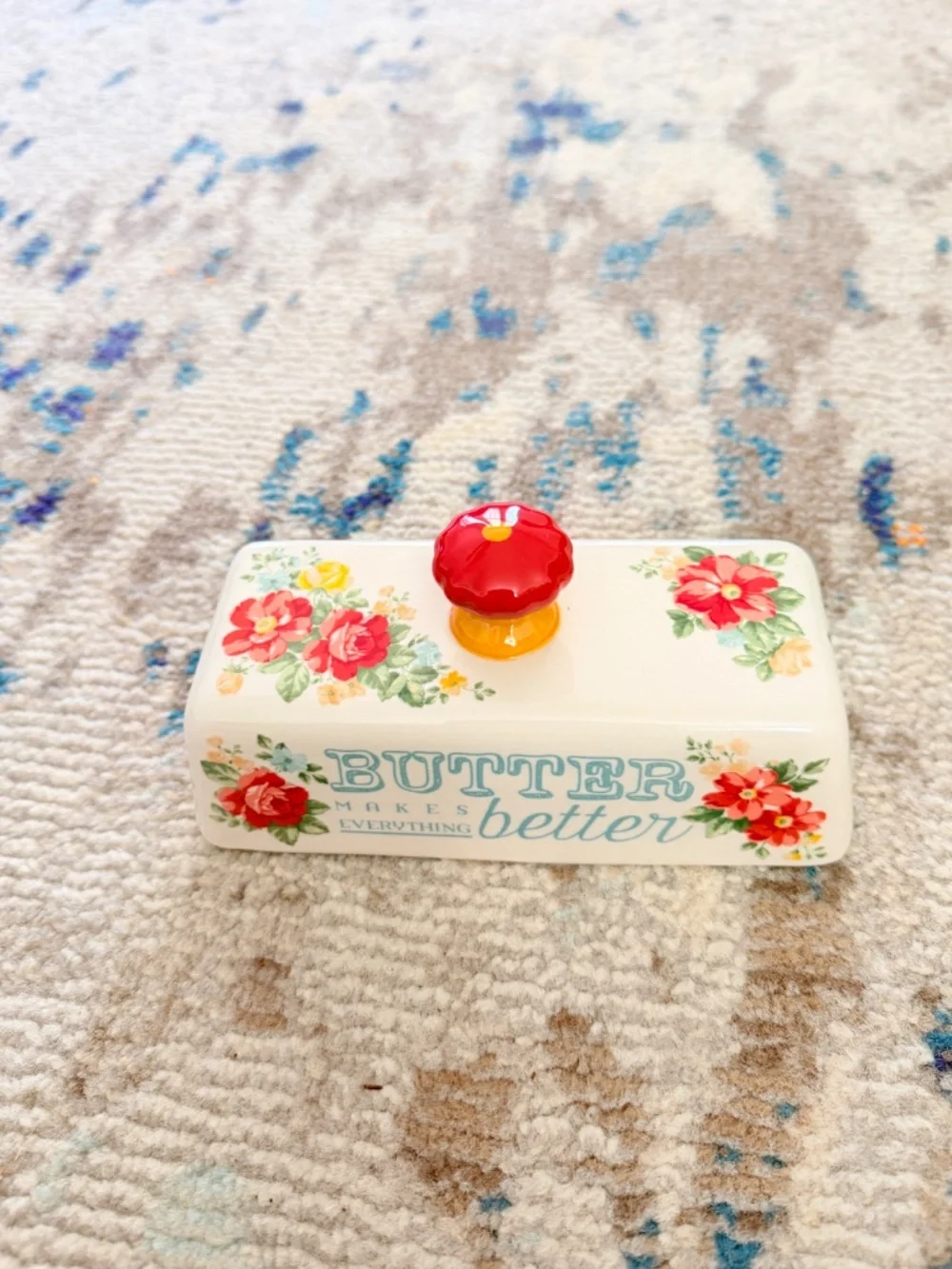 Pioneer Woman Floral Butter Dish Replacement Lid Stoneware Red Cream Blue flower